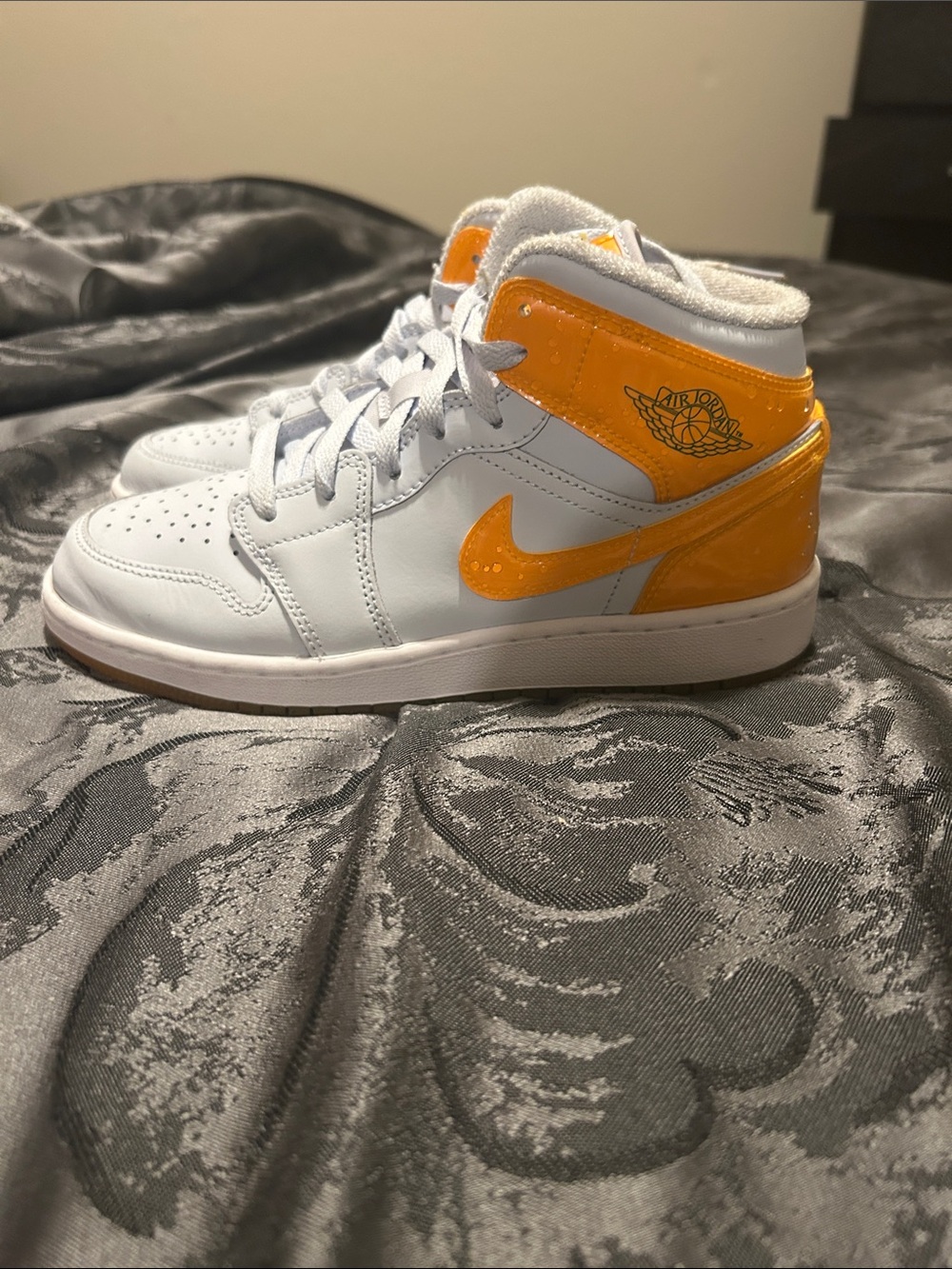 Jordan Mid-Top Sneakers in White and Orange Patent